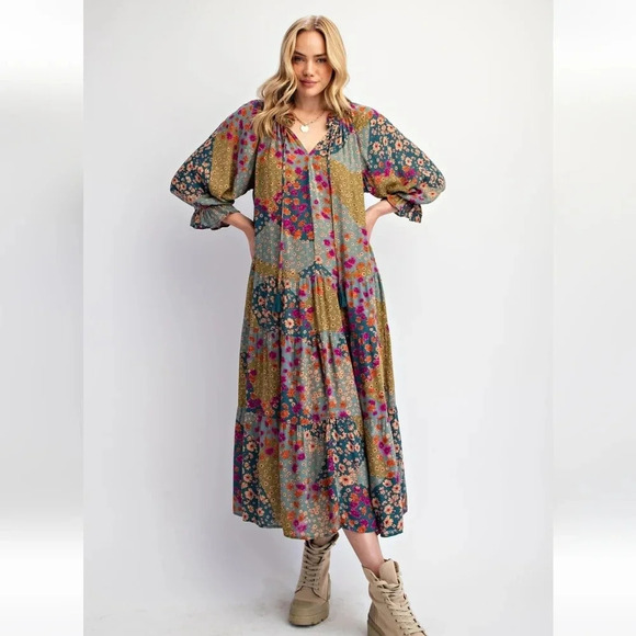 Easel Floral Patchwork Print Rayon Gauze Long Sleeve Dress New - Picture 6 of 6